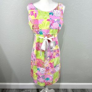 Karin Stevens, 14P Patchwork Floral Bow tie Midi Dress EUC